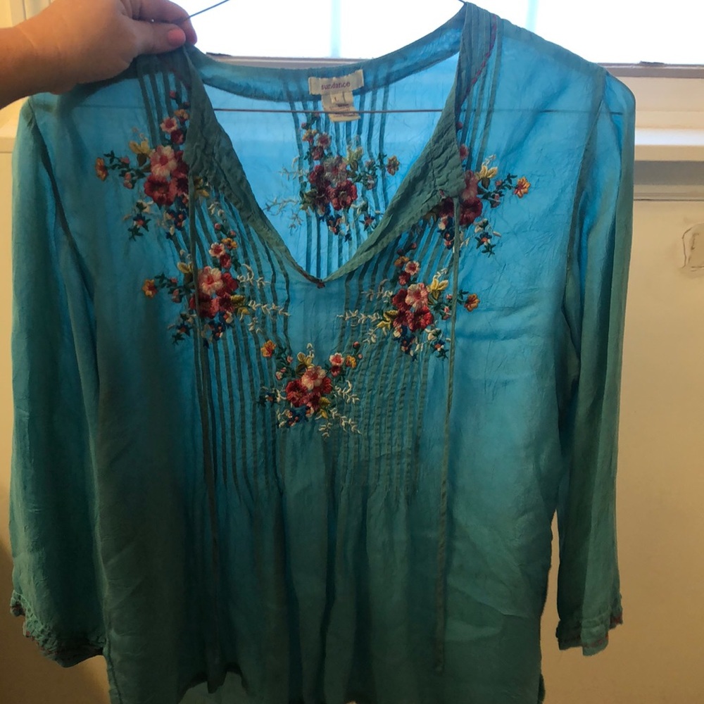 Sundance Teal Blouse with Floral Embroidery